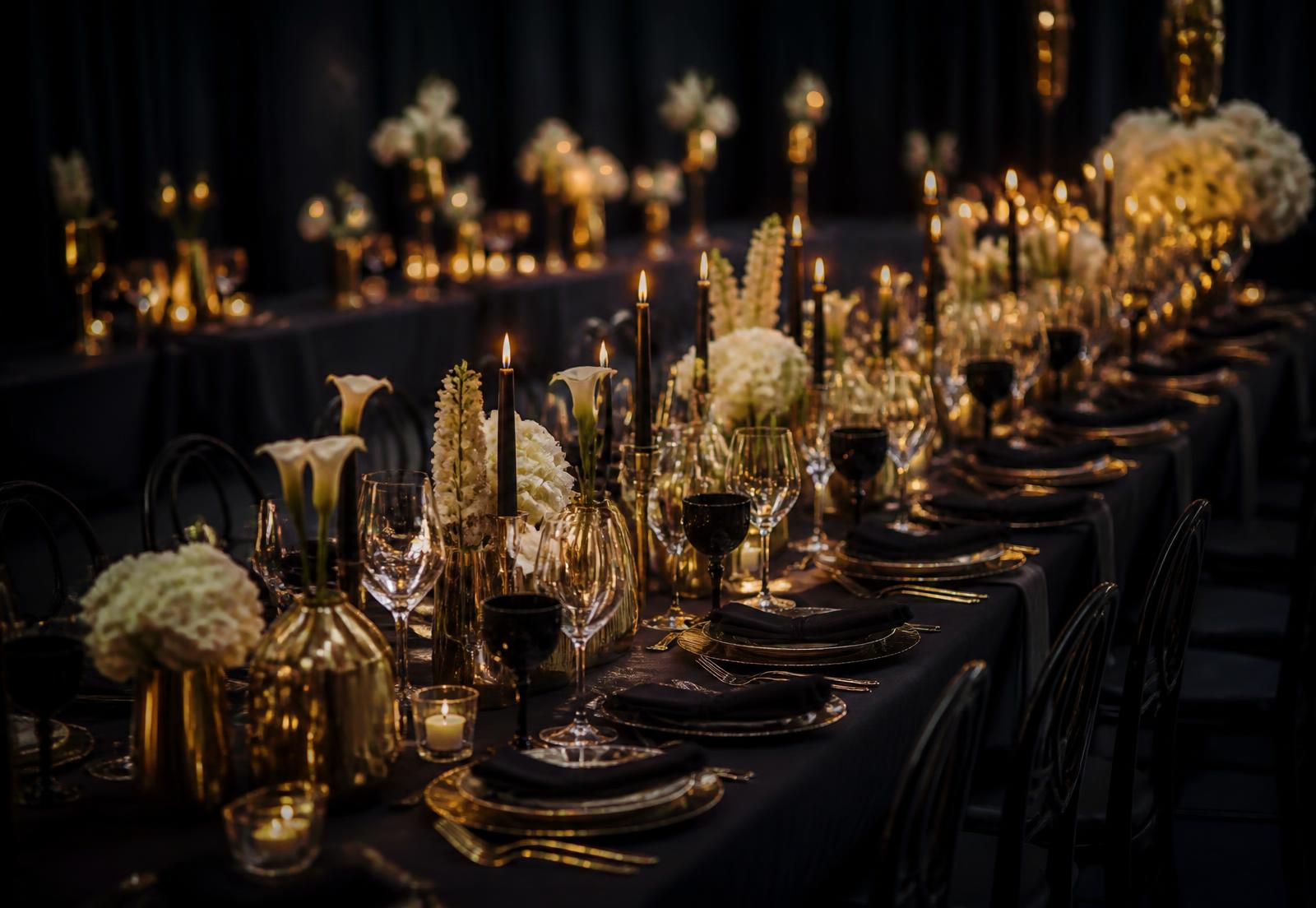 Elegant candlelit event table styled in black and champagne gold